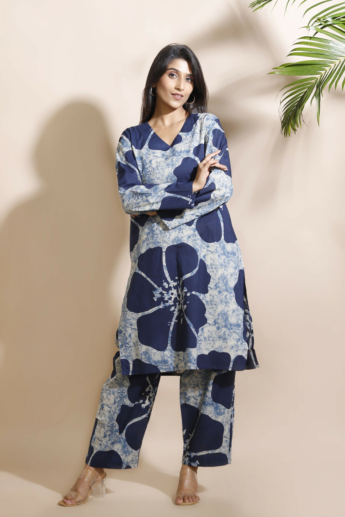 Breathables Women’S Loungewear Long Kurta Co-Ord Set Cotton Blue Floral Print