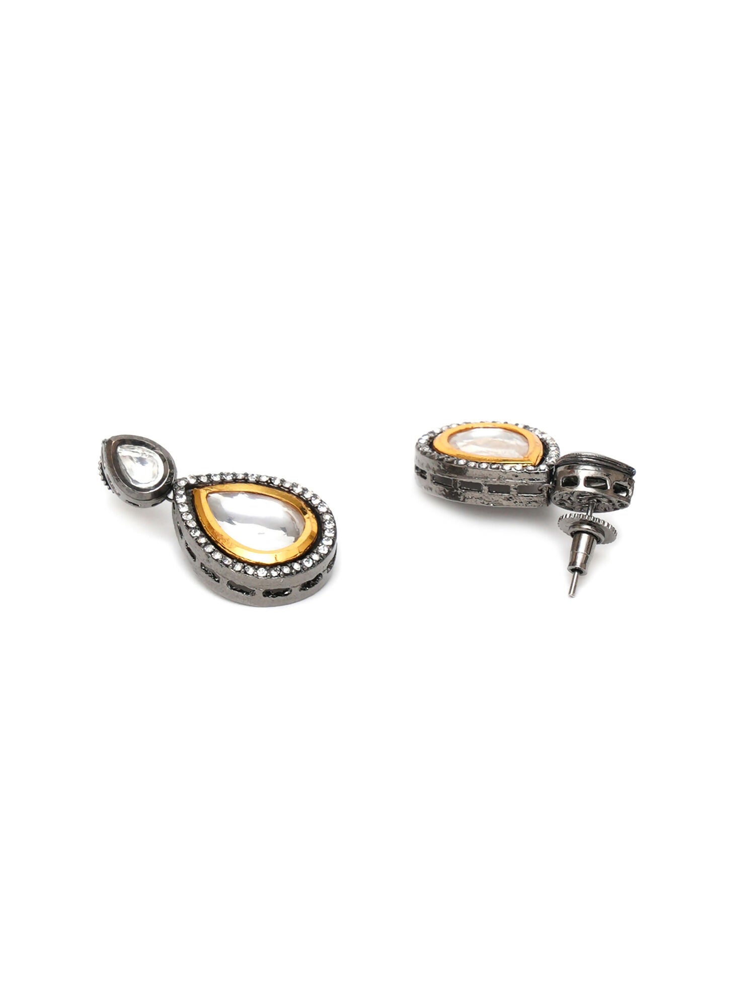 Tear Drop Dual Tone Kundan Maang Tikka with Earrings Jewellery Set (silver) - Ruby Raang - Swadesiicart