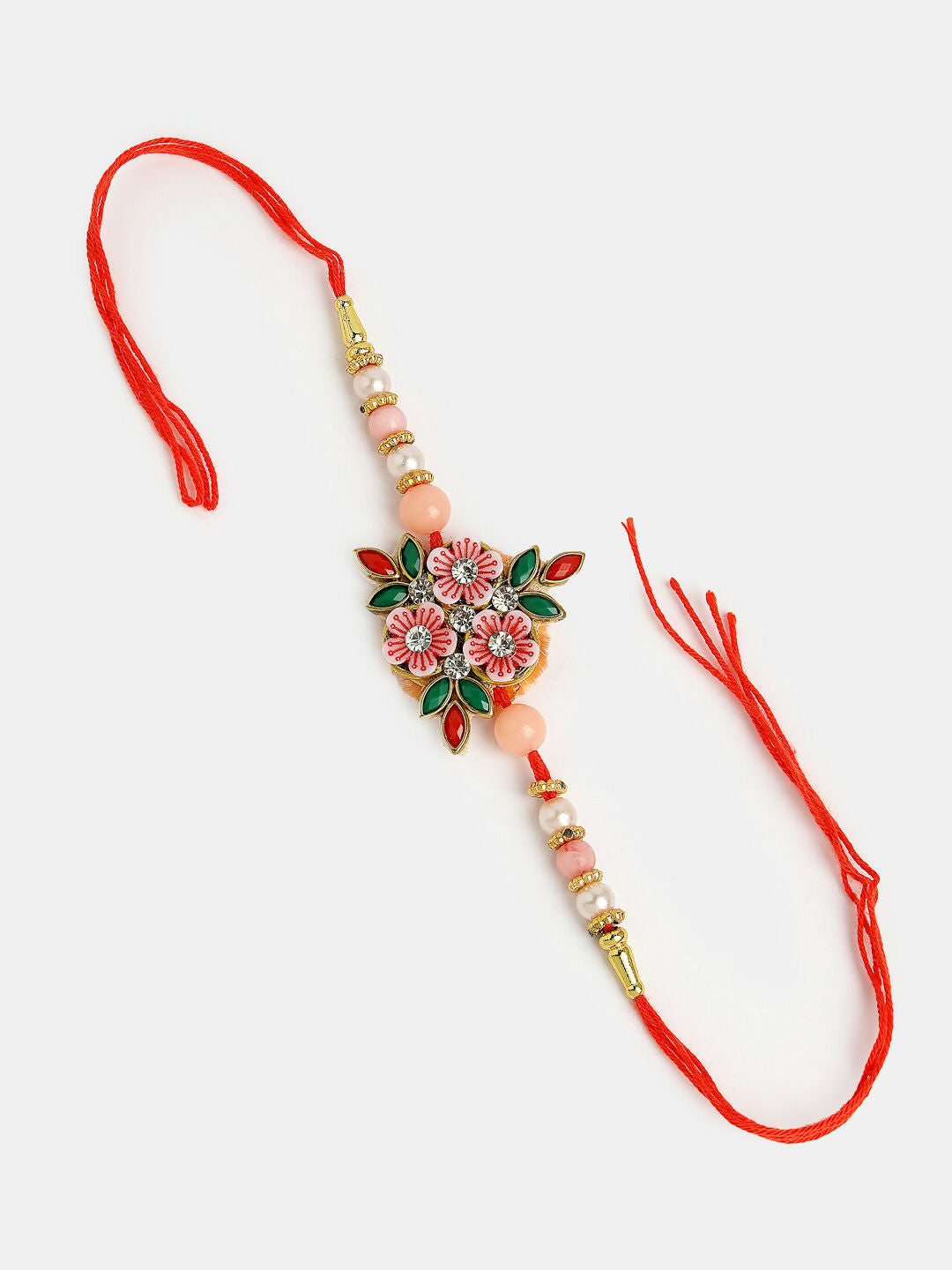 NVR Men Pink Floral Shape Stone-Studdded & Beaded Rakhi With Roli Chawal & Chocolate | Swadesiicart
