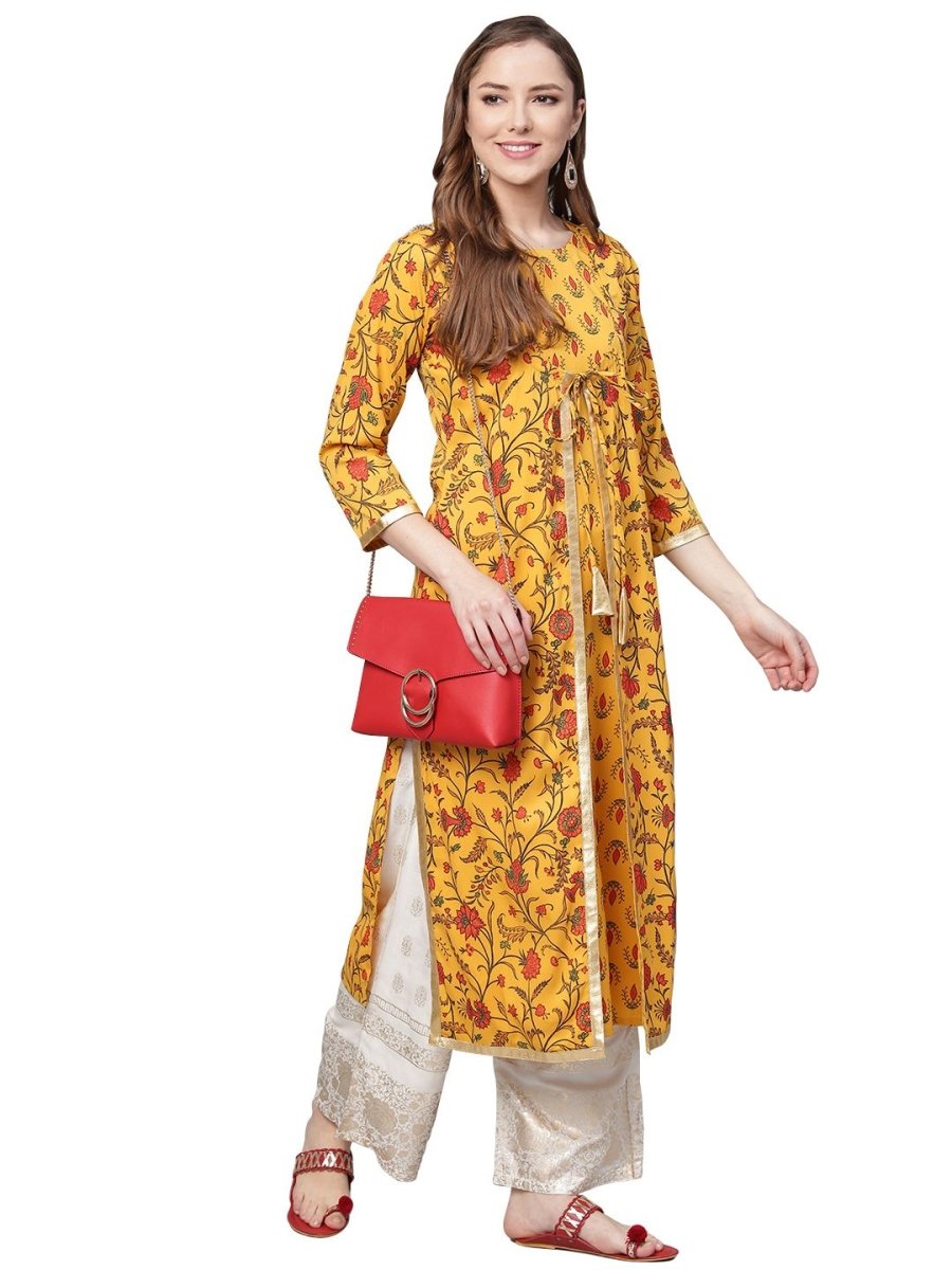 Ahalyaa Women's Mustard Crepe Digital Printed Kurta | Swadesiicart