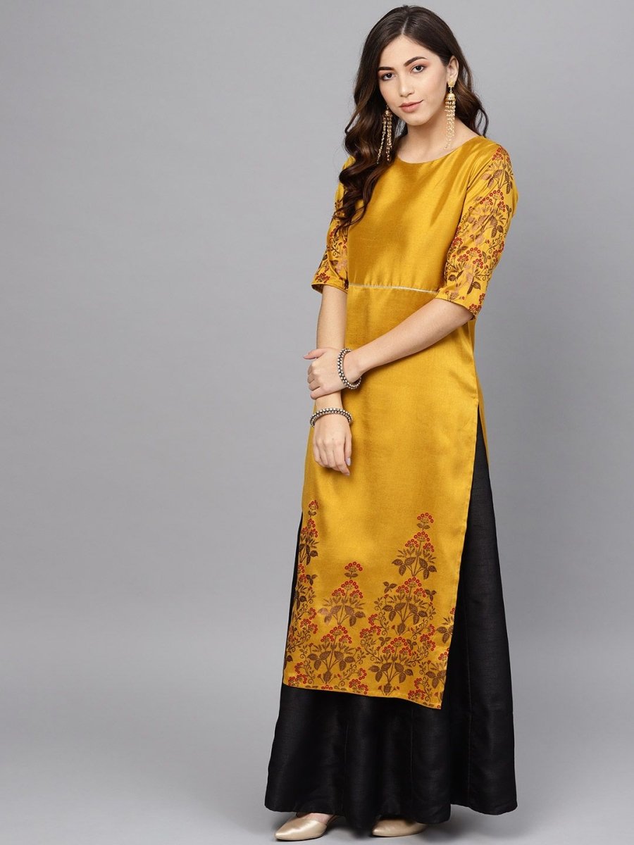 Ahalyaa Women's Mustard Poly Silk Printed Kurta Skirt Set With Dupatta | Swadesiicart