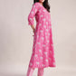 Aavyora Women's Pink Floral Print Cotton A-Line Kurta with Striped Trouser & Dupatta