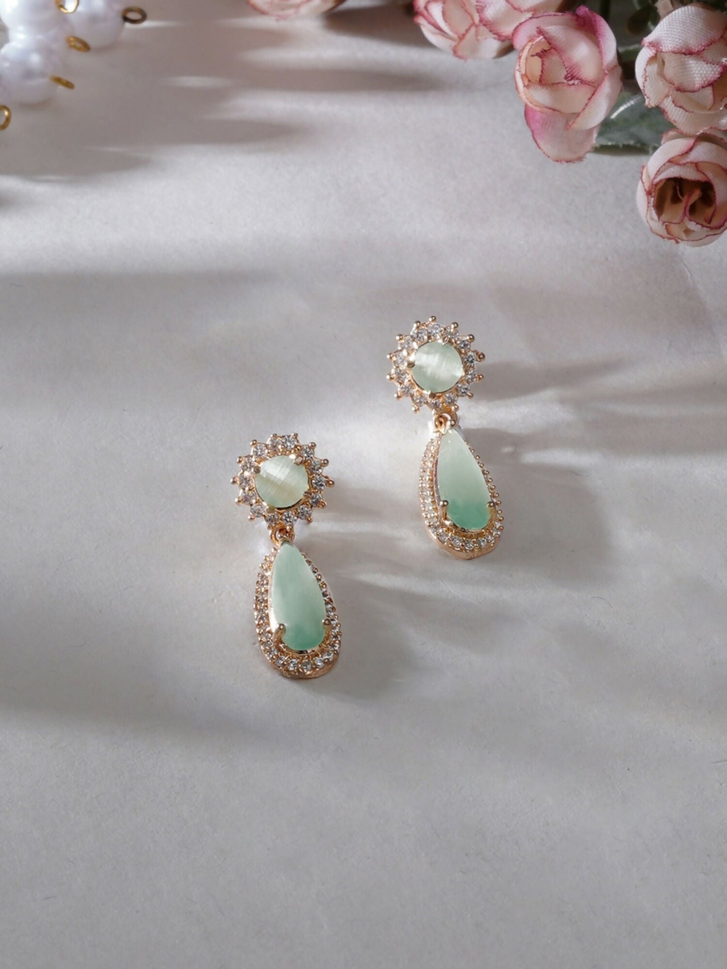 Long kundan earring (Mint green ) - Ruby Raang | Swadesiicart