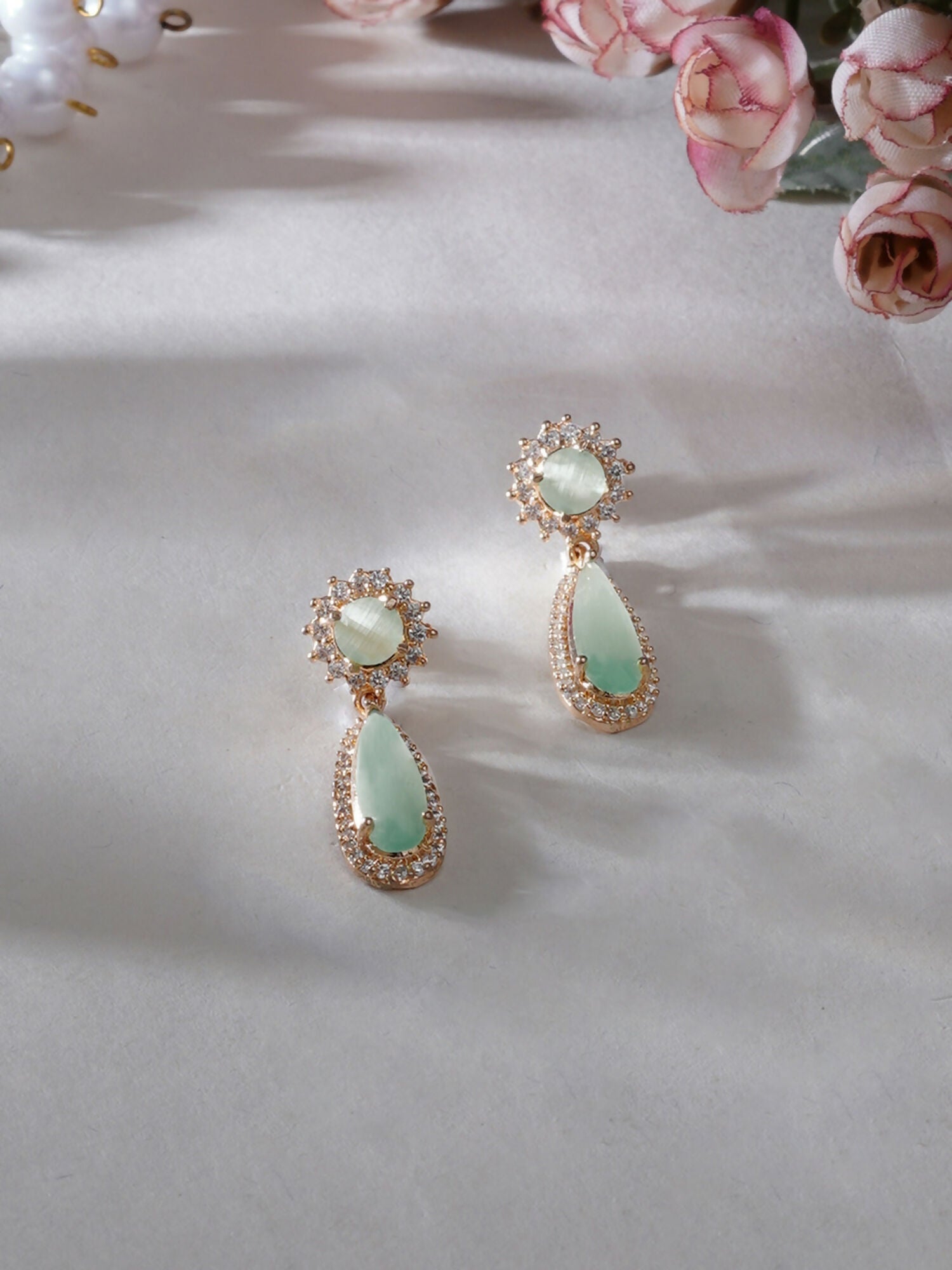 Long kundan earring (Mint green ) - Ruby Raang | Swadesiicart