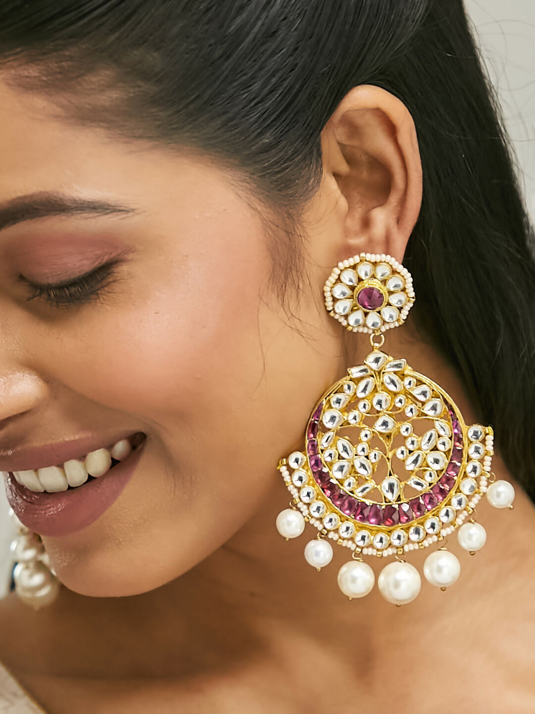 Nuyug 22K Gold-Plated Elegant Ruby & Kundan Stone Studded With Pearl Beaded Floral Chandbalis | Swadesiicart