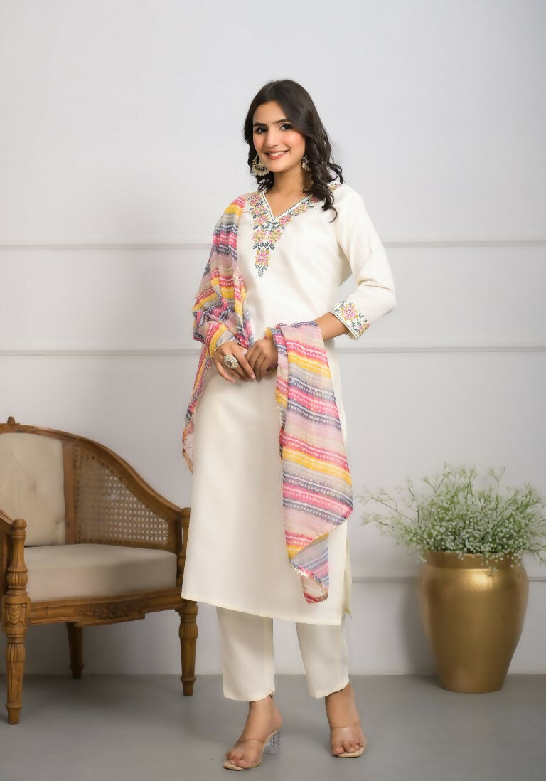 Festive Wear Ethnic White viscose blend Stitched Suit With Dupatta - Tanisha | Swadesiicart