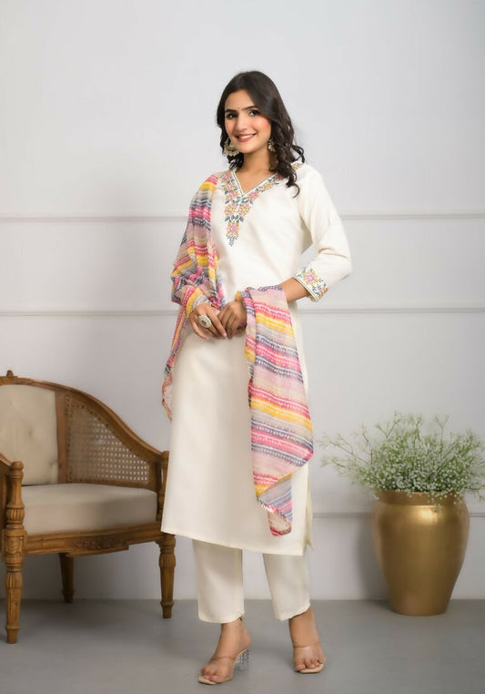 Festive Wear Ethnic White viscose blend Stitched Suit With Dupatta - Tanisha | Swadesiicart