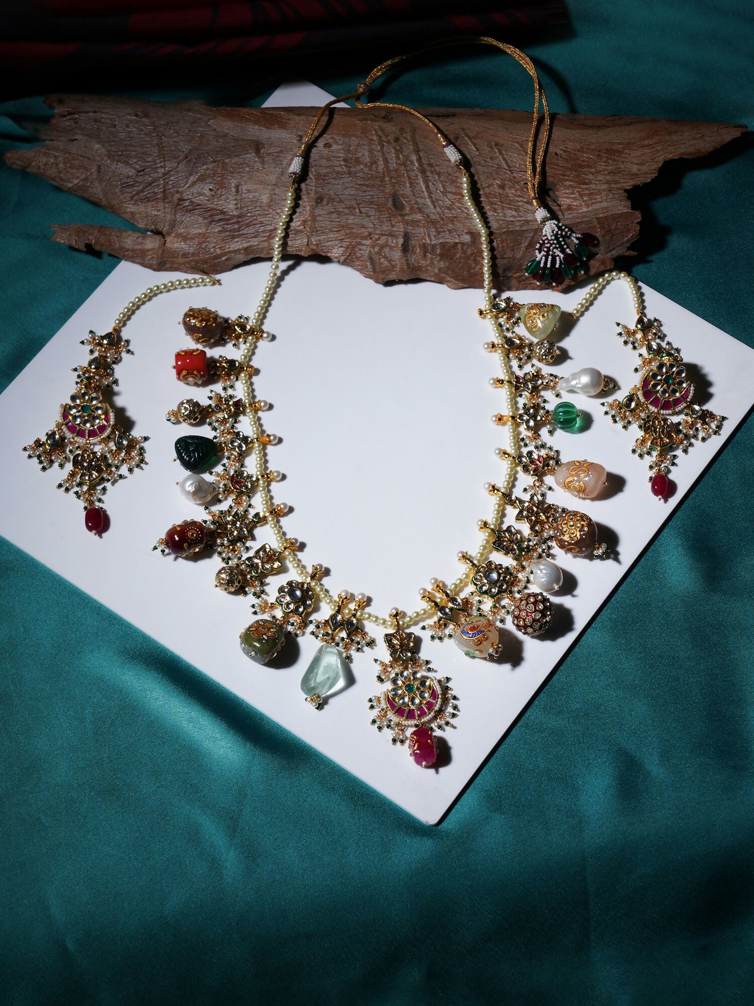 Long Kundan Neckpiece with Earrings with Multi Stones Jewellery Set (Gold) - Ruby Raang - Swadesiicart