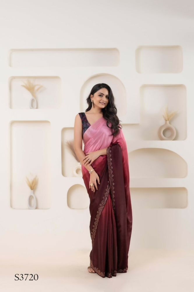 Pink Satin Pedding Designer, Printed Party Wear Ready To Wear Saree - Femina | Swadesiicart