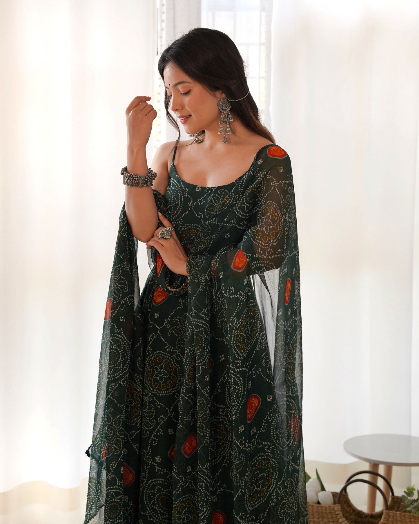 Joban Fashion Bottle Green Kurta Set Chiffon Sequin Embroidery Work - Swadesiicart