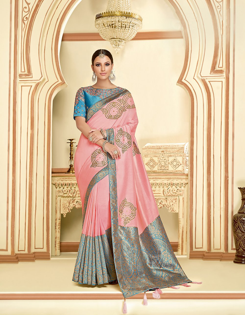Pink Silk Georgettethread And Zari Embroidery, Laser Cut Buttas, Tassels Saree - Norita Hit - Swadesiicart