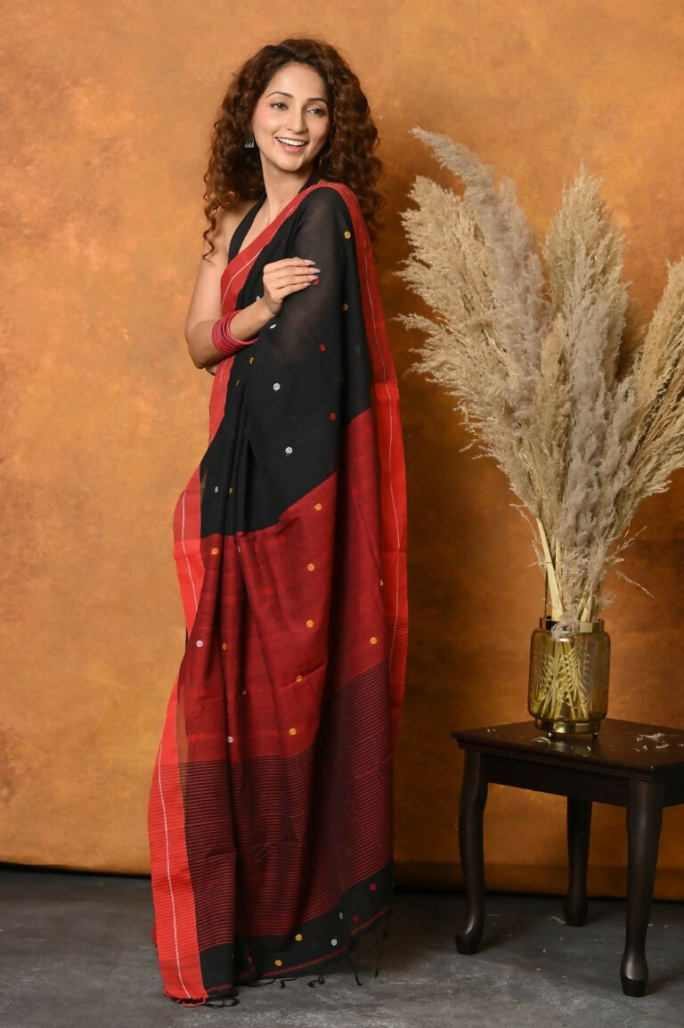 Very Much Indian Pure Cotton Handloom Saree with Buttis & Sleek Border - Black | Swadesiicart