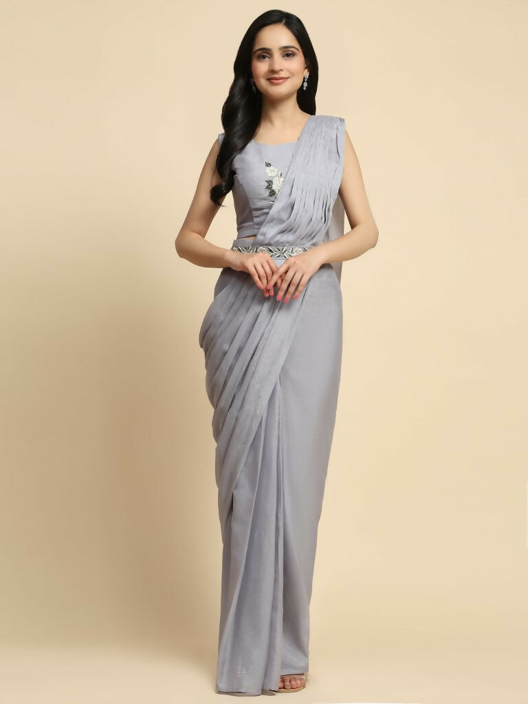 Grey Chiffon Solid Ready to wear Saree with stitched Blouse - Aayan | Swadesiicart