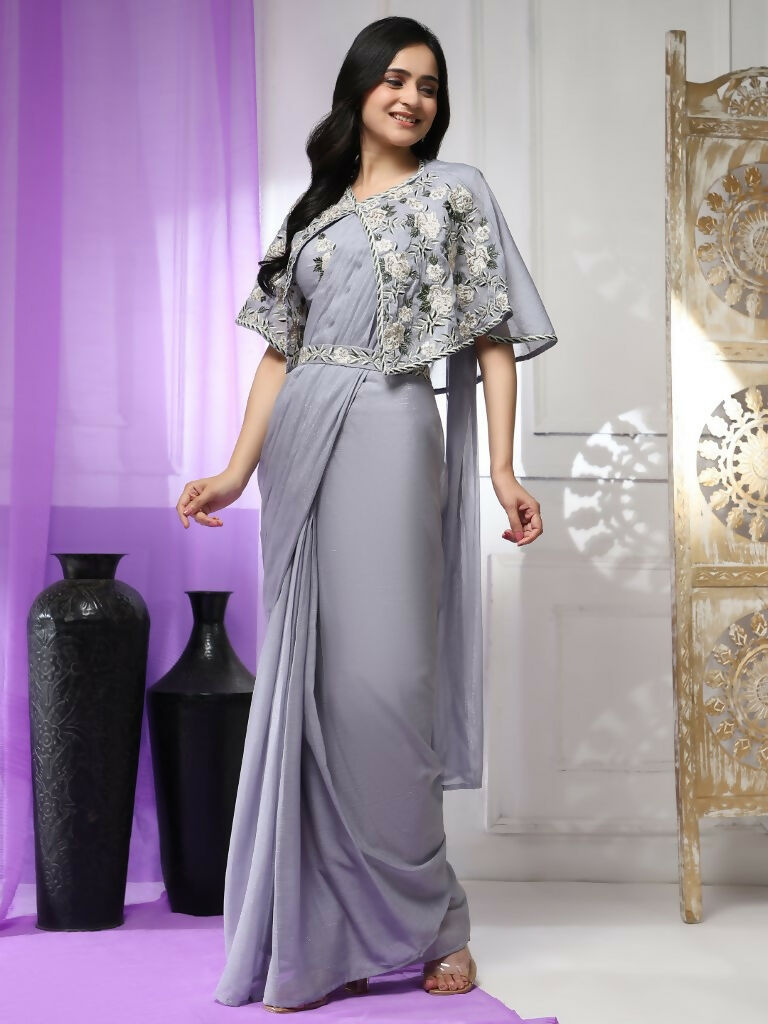 Grey Chiffon Solid Ready to wear Saree with stitched Blouse - Aayan | Swadesiicart