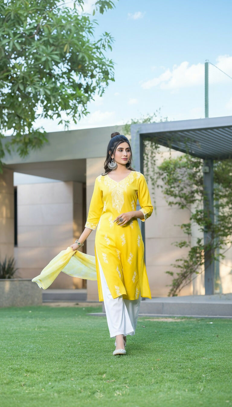 BulBul Pooja Yellow Rayon Kurta Set with Dupatta - Swadesiicart
