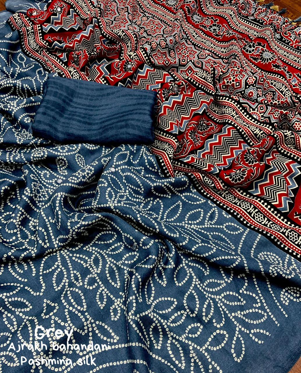Grey Silk Blend Ajrak Saree with Unstitched Blouse - Hiral Fashion | Swadesiicart