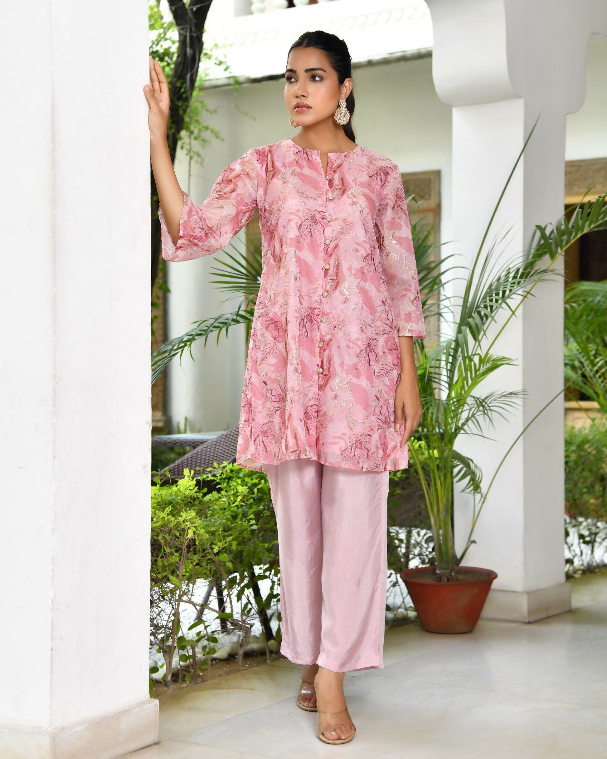 Vaasva Women's Pink Organza Digital Printed Cord Set - Swadesiicart