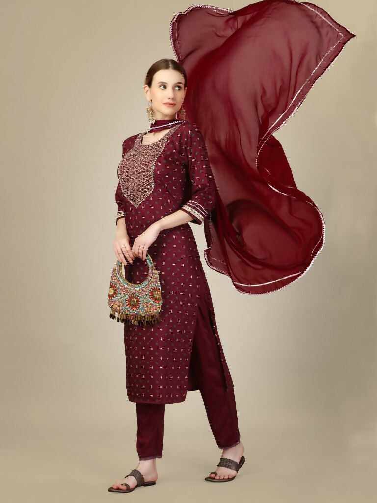 Jyoti Fashion Women's Maroon Silk Blend Embroidery & Sequence work Kurta with Trouser & Dupatta | Swadesiicart