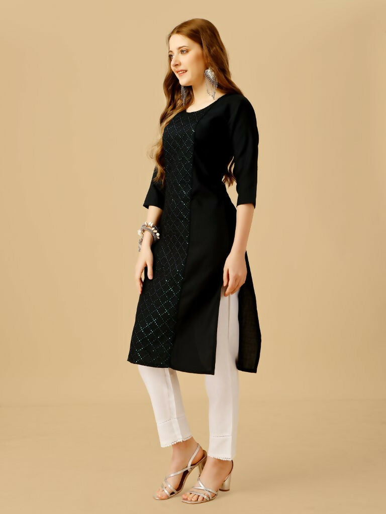 Jyoti Fashion Women's Black Cotton Blend Embroidered Kurta Pant Set | Swadesiicart