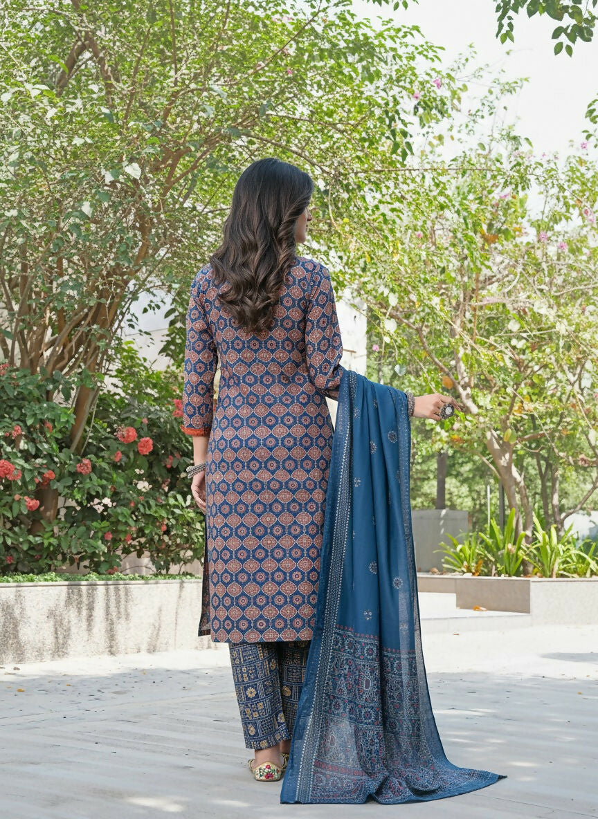 BulBul Aaliya Classic Cotton Navy Kurta Set with Dupatta - Swadesiicart