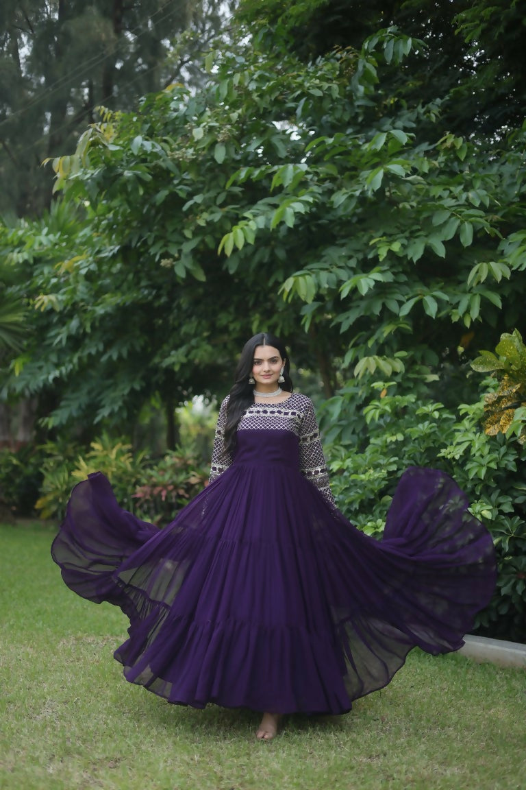 Jyoti Fashion Women's Purple Sequins Zari Embroidered Faux Georgette Anarkali Dress | Swadesiicart