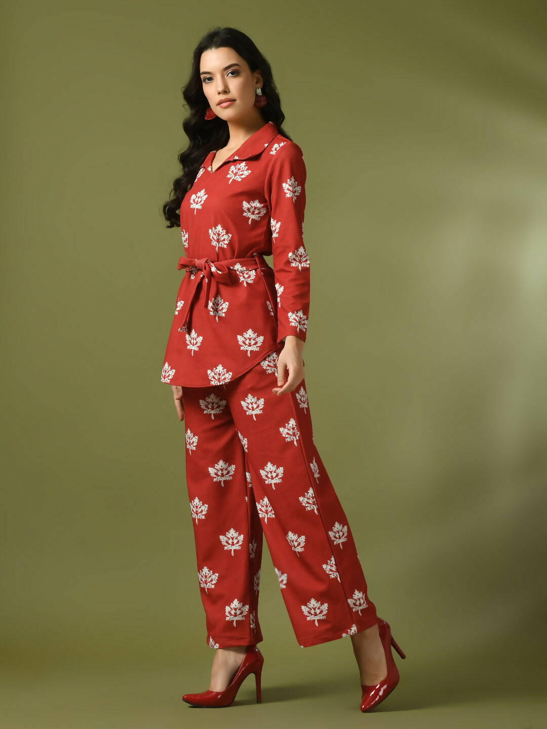 Myshka Women's Rust Printed Polo Collar Party Top With Trousers Co-ord set - Swadesiicart