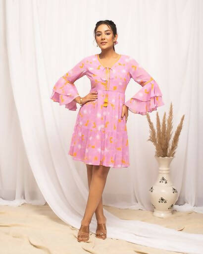 FIORRA Women's Light Pink Georgette Floral Printed Western Dress - Swadesiicart