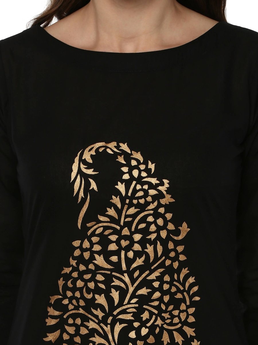 Ahalyaa Black Chanderi Gold Print Kurta | Swadesiicart