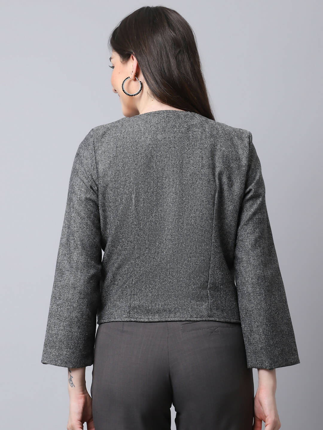 Even Apparels Black Pure Wool Open Front Statement Women's Jacket | Swadesiicart