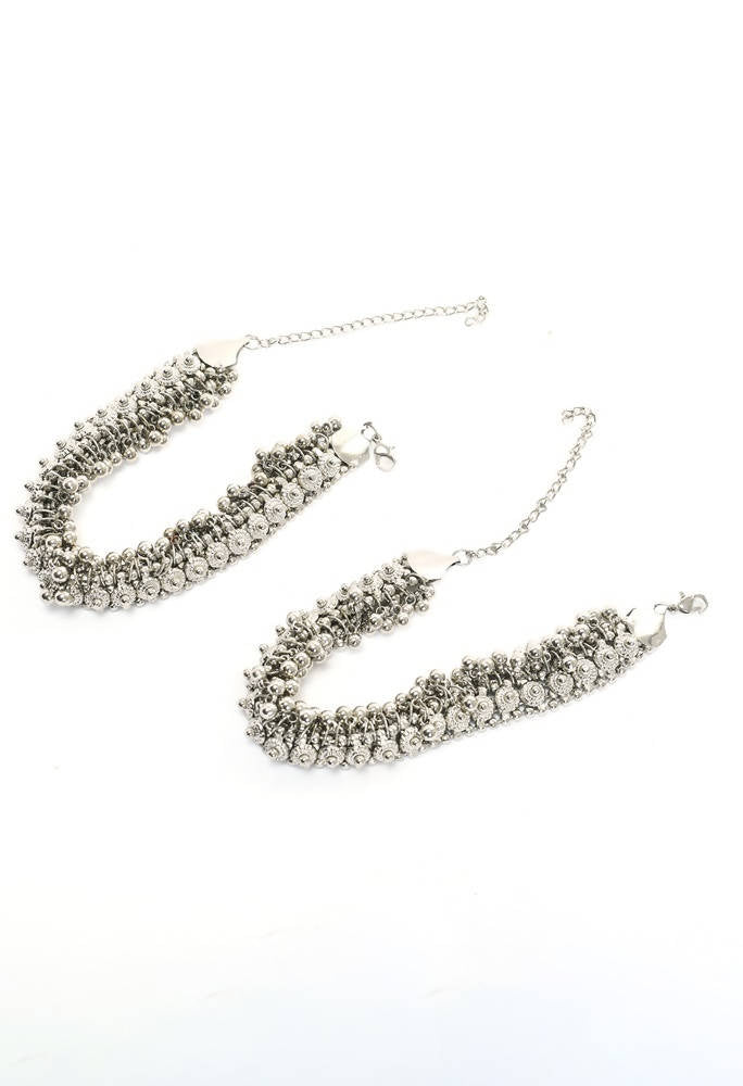 Mominos Fashion Kamal Johar Oxidised Heavy Silver Anklets | Swadesiicart