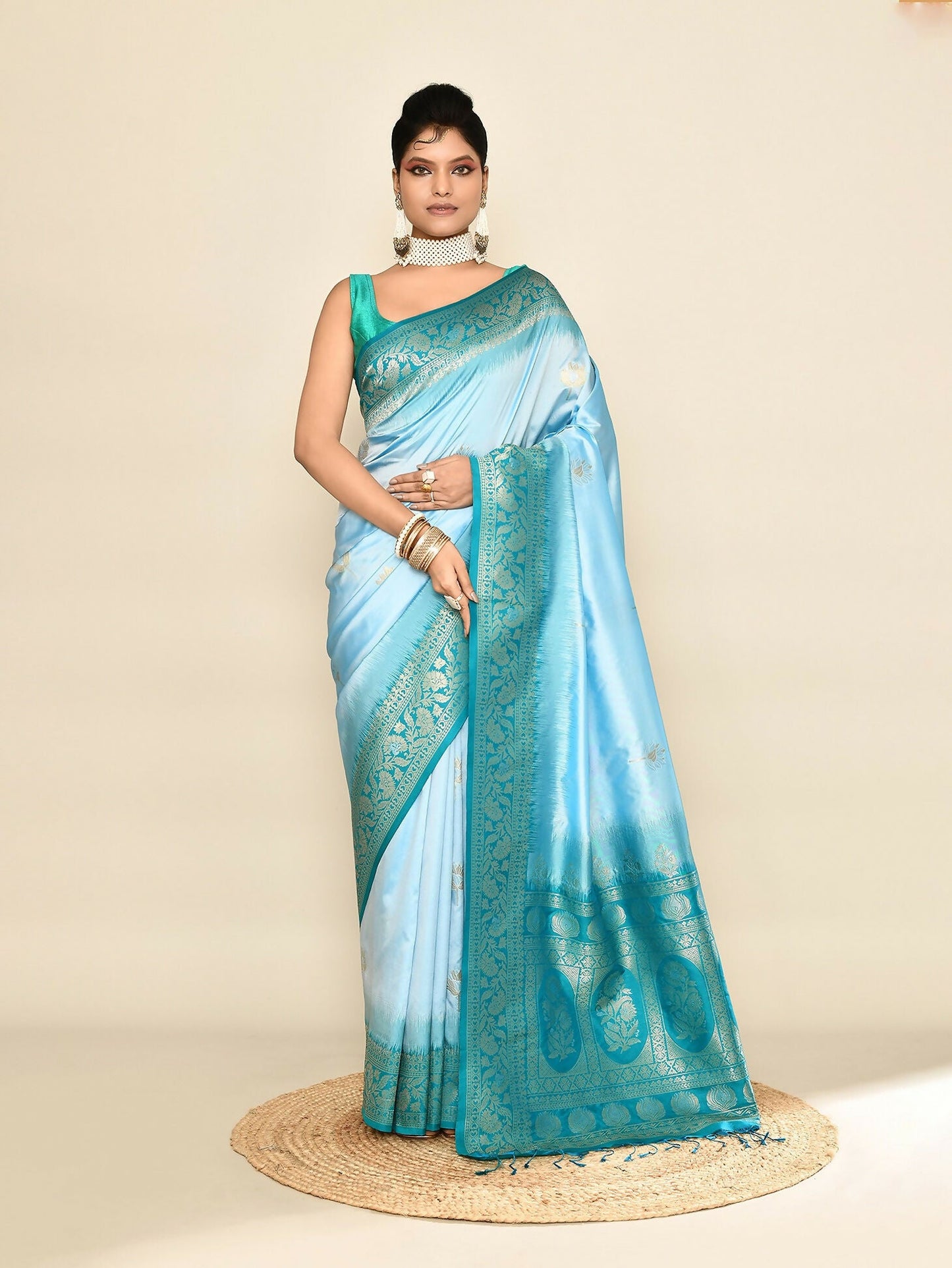 Joban Fashion Sky Blue & Rama Plain With Weaving Border Banarasi Silk Sarees | Swadesiicart