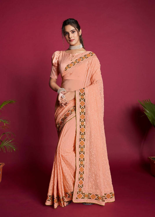 Vamsee Peach Georgette Designer Saree - Swadesiicart