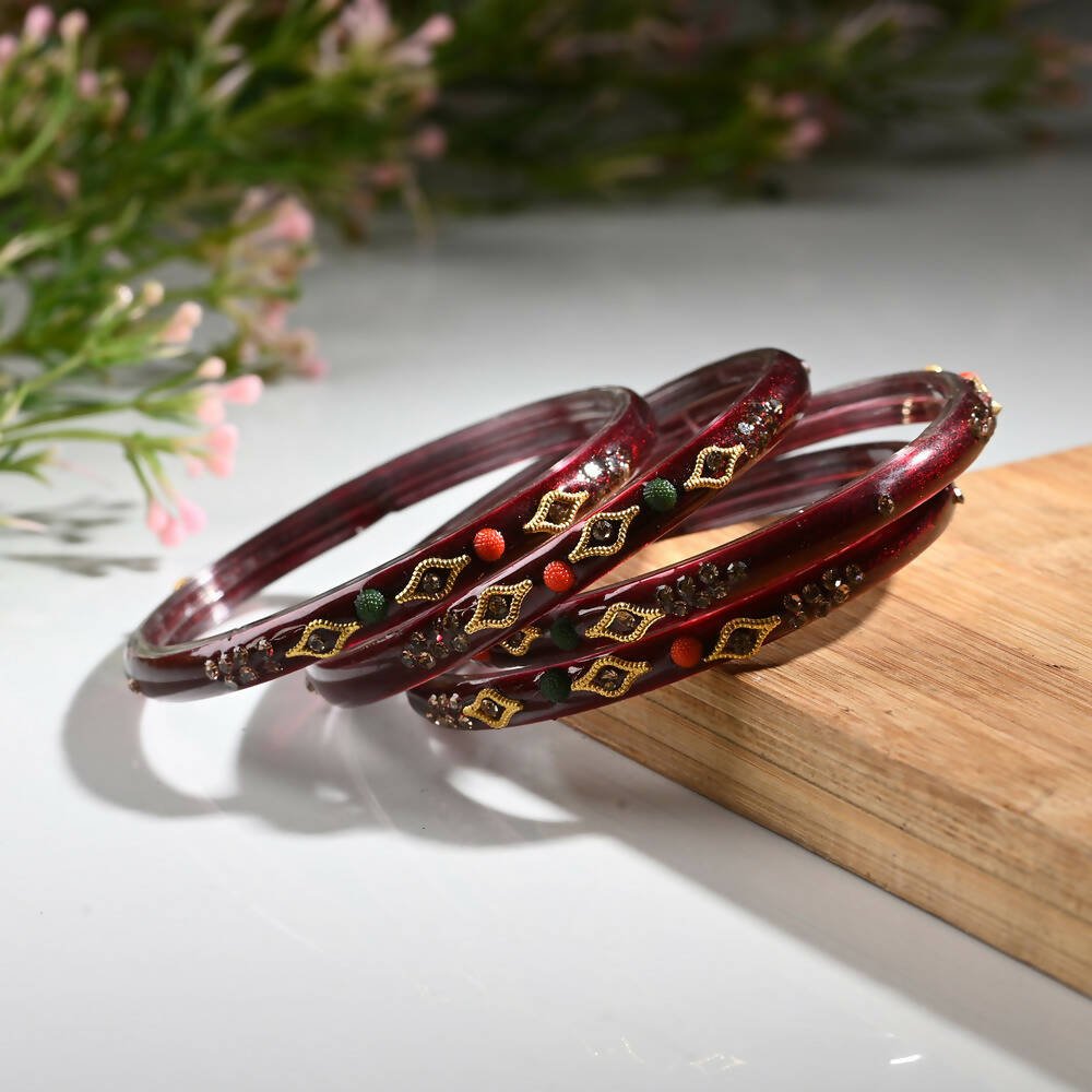 Afast Designer Fancy Party Bangle/ Kada Set, Maroon, Glass, Pack Of 4 - Afast Enterprises