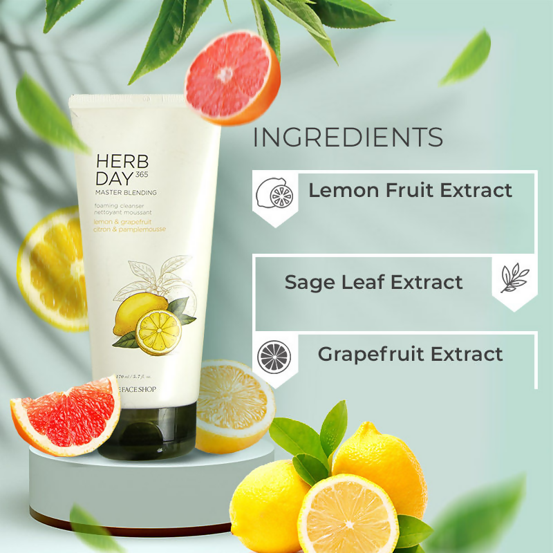 The Face Shop Herb Day 365 Master Blending Foaming Cleanser- Lemon & Grapefruit - Korean Skincare | Swadesiicart