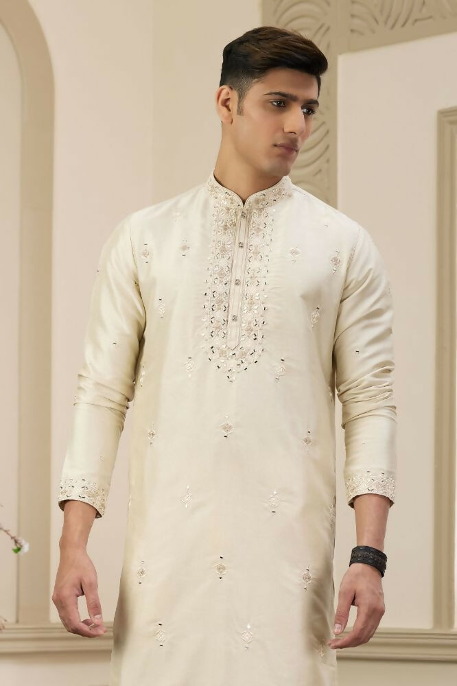Raivat Ethnic Banarasi Art Silk Thread and Mirror Work Kurta Pajama In Beige Colour | Swadesiicart