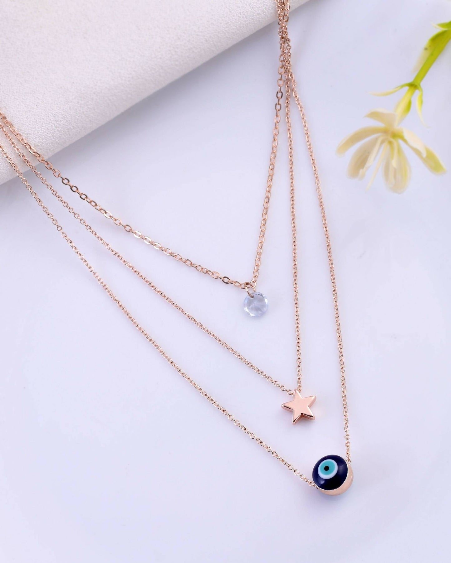 VOJ Women Stainless Steel 3 Layered Sliver Tonned Chain Set | Swadesiicart