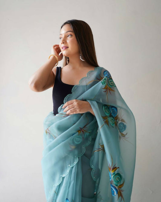 Vamsee Urvashi Blue Organza Saree - Swadesiicart
