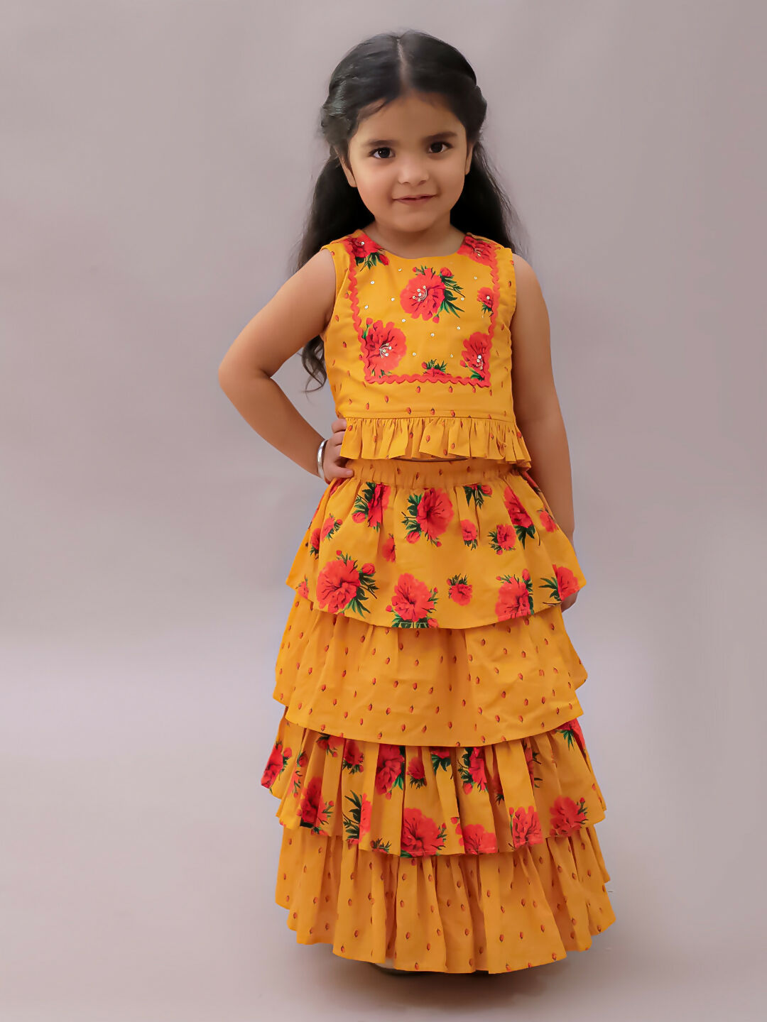 Lil Drama Genda Phool Mustard Choli and Lehanga Set For Girls | Swadesiicart