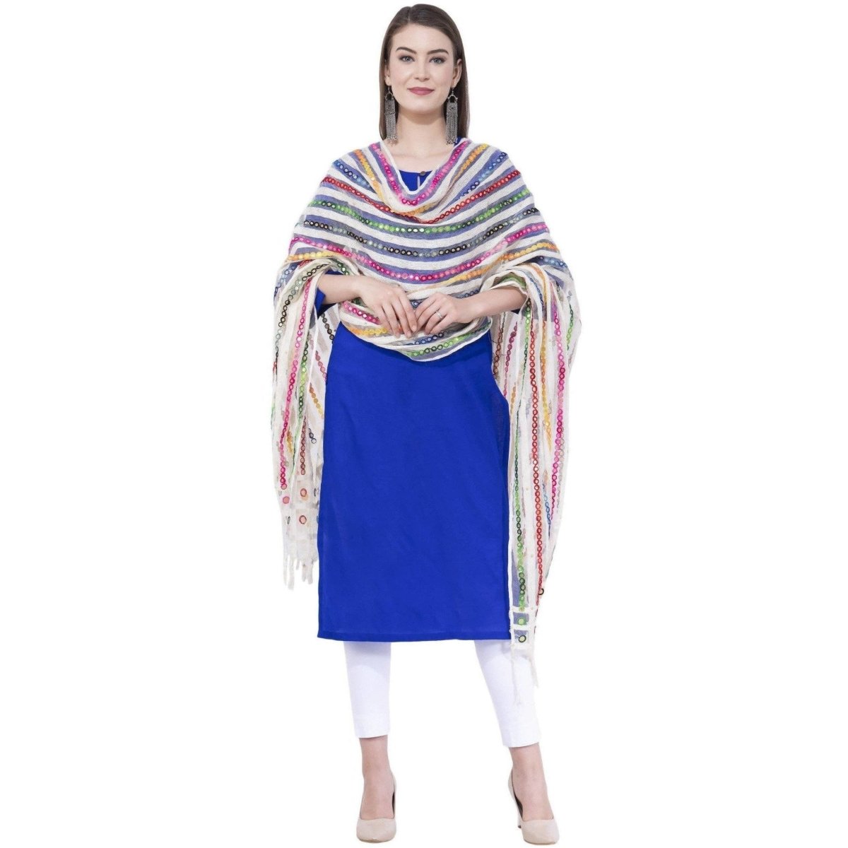 A R Silk Women's Multi Thread Work Orgenza Cotton White Dupattas and Chunnis | Swadesiicart
