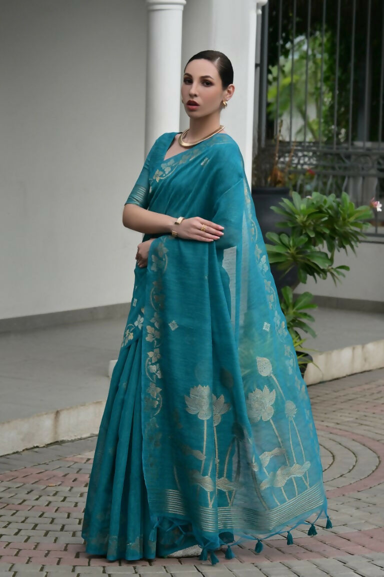 Vishnu Weaves Women's Firozi Linen Silk Zari Weaving Saree with Blouse - Swadesiicart