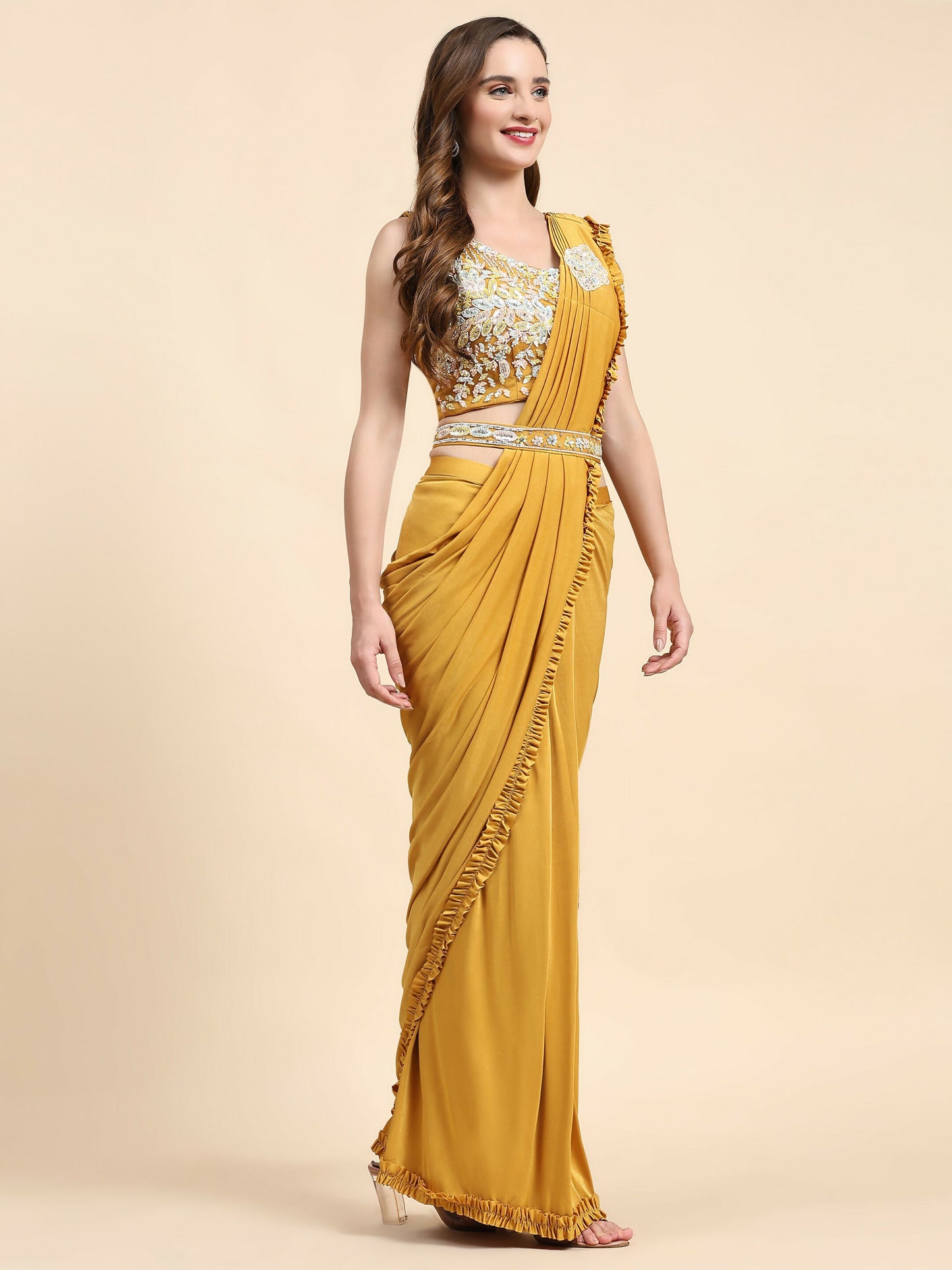 Yellow Lycra Solid Ready to wear Saree with stitched Blouse - Vanita | Swadesiicart