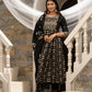 Black Cotton Cambric Printed with Sequins work Anarkali Kurta with Pant & Dupatta - Akashara