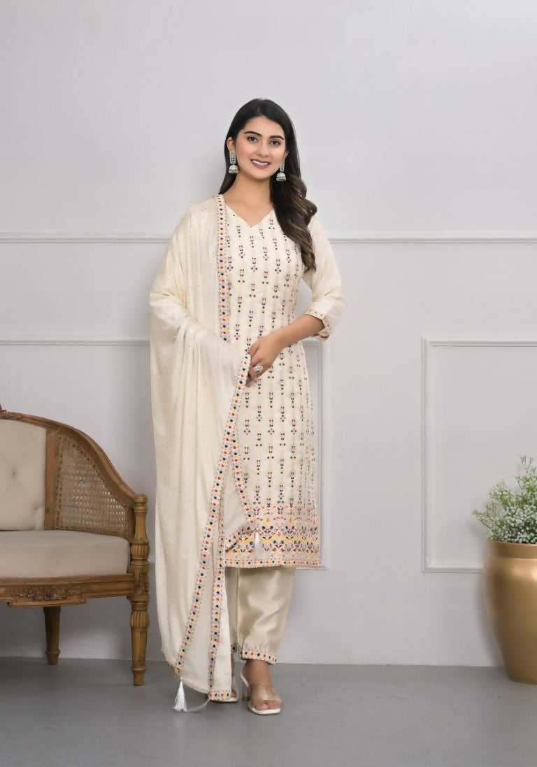 Cream Jequard Silk Embroidery with Thread and sequence Stitched Suit With Dupatta - Tanisha | Swadesiicart