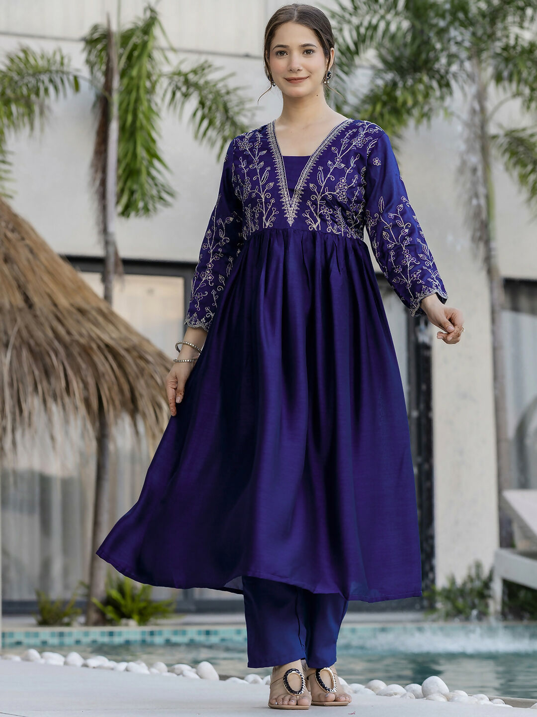 The52 Blue Women's Beautiful Embroidered Vichitra Silk Fabric with Flared Kurta, Pant and Dupatta Set - Swadesiicart