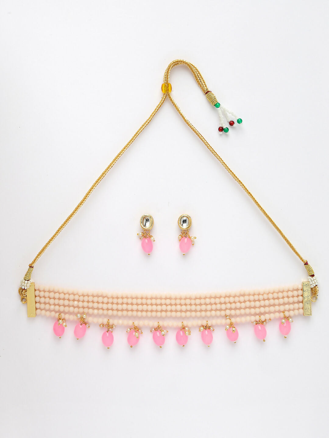NVR Women's Pink Artificial Beads Layered Necklace with Drop Earring - Swadesiicart
