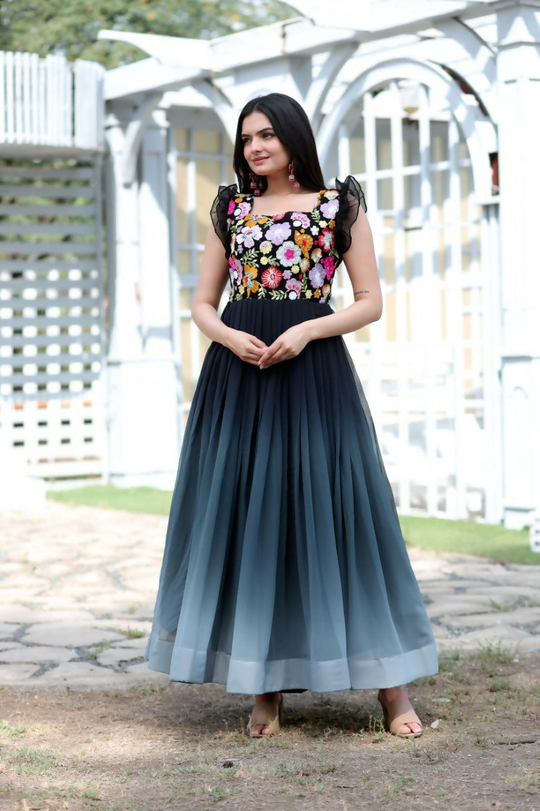 Jyoti Fashion Women's Black Sequins Embroidery Faux Blooming Anarkali Dress | Swadesiicart