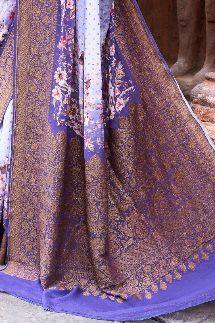 Joban Fashion Shade Of Orchid Crepe Chiffon Pure Handloom Banarasi Silk Saree | Swadesiicart
