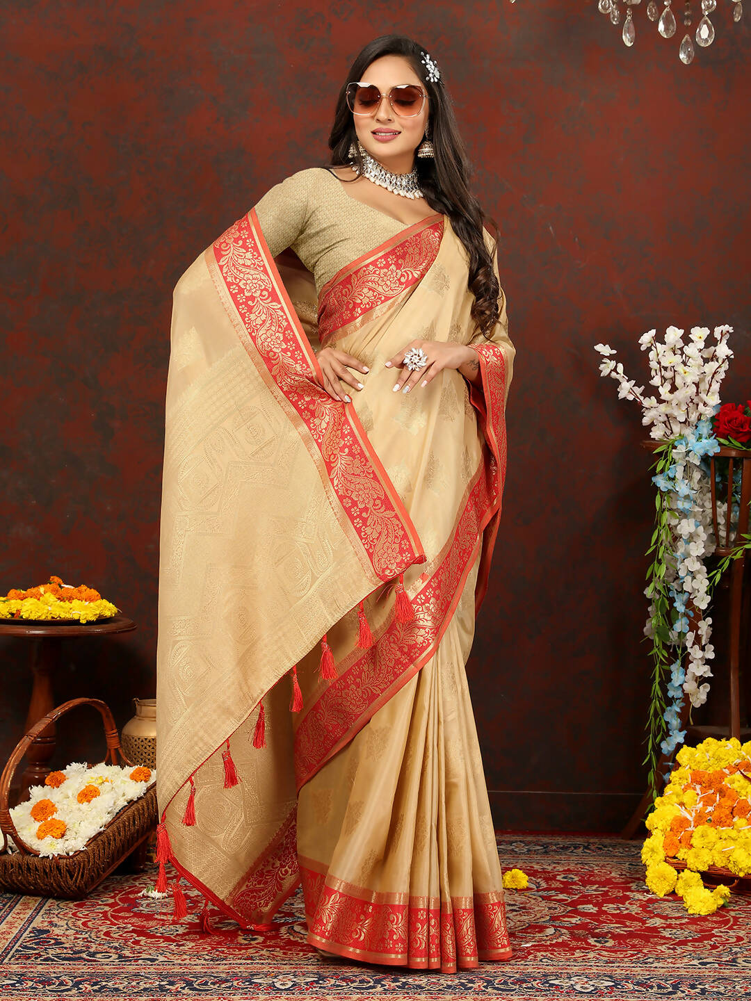Lorenvalley Fashion Cream Cotton Woven Design with Zari Weaving Design Saree - Swadesiicart