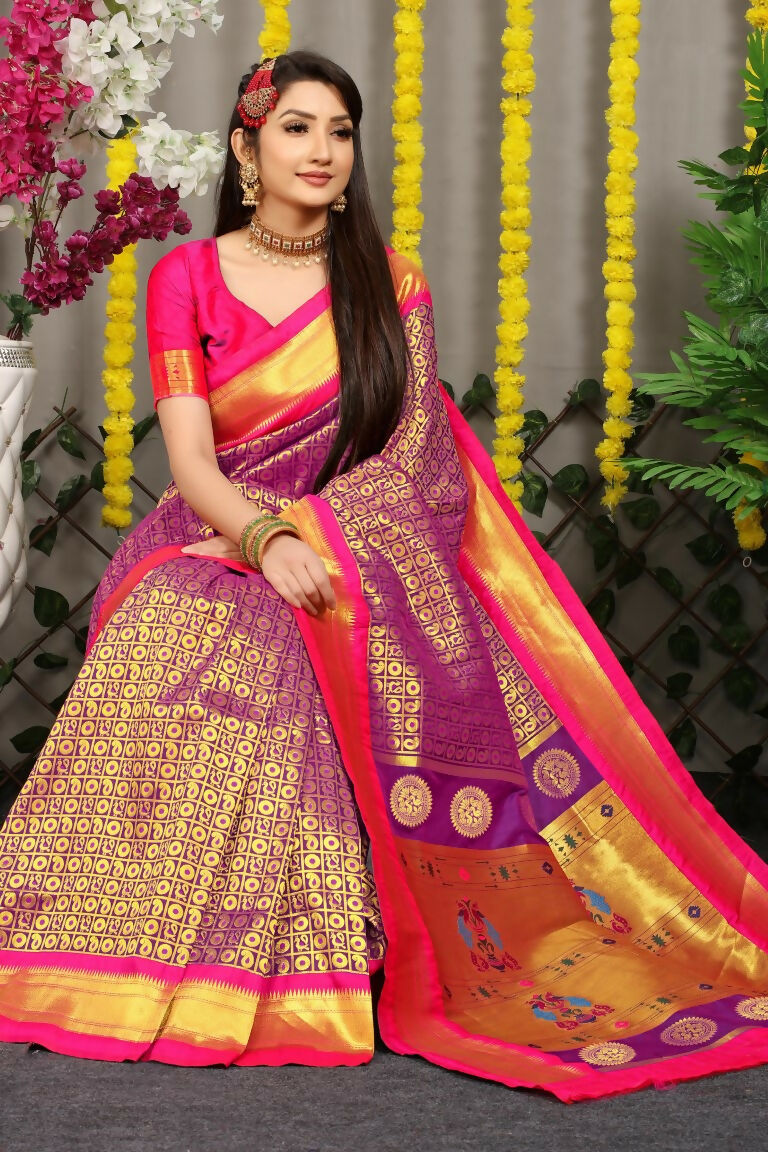 Jyoti Fashion Women's Purple Banarasi Silk Zari Woven Saree with Blouse | Swadesiicart