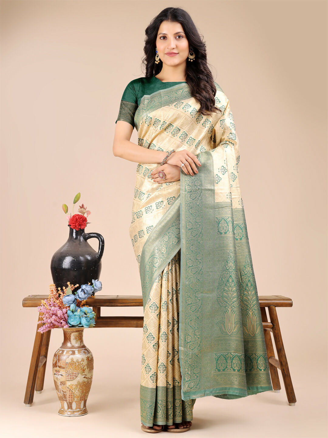 Astita Aura Silk Cream Green Banarasi Silk Saree | Swadesiicart